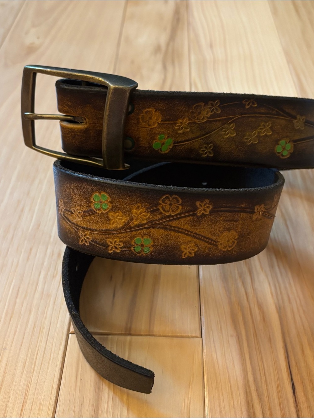 Vintage Leegin Brown Tooled Leather Floral Painted Accent Belt Size 28
